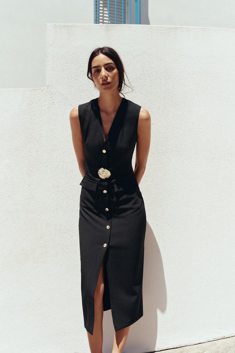 BELTED CREPE MIDI DRESS