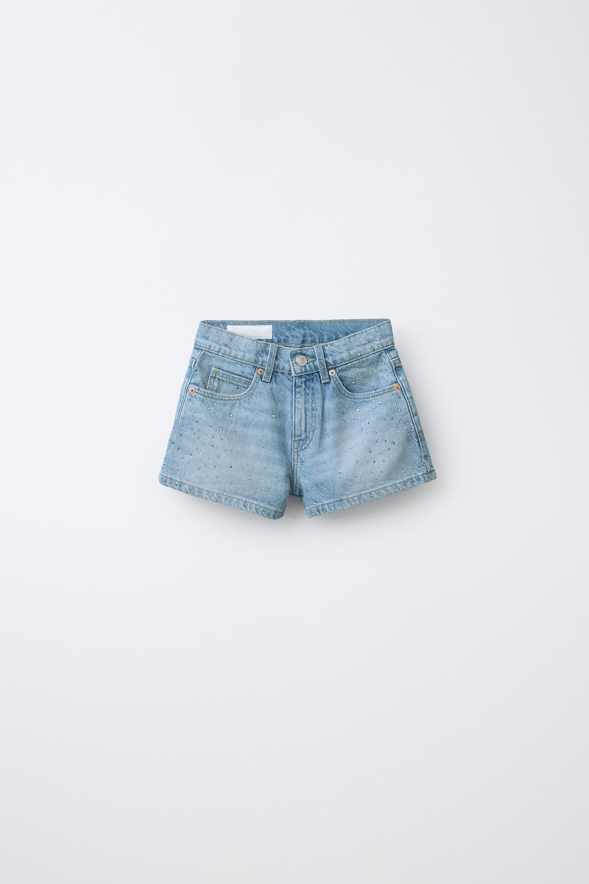 Denim Bermuda Shorts With Rhinestones