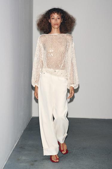 ZW COLLECTION SEQUIN TOP - Beige by Zara