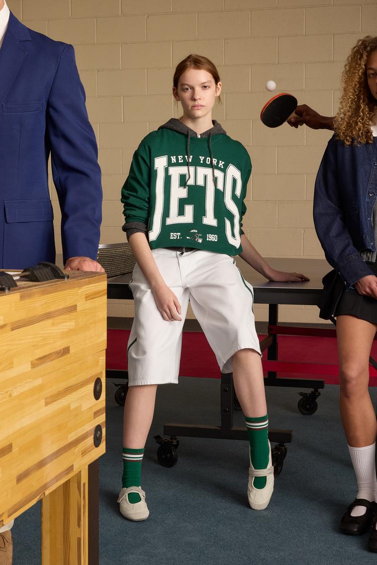 BAGGY TRF DENIM BERMUDA JORTS NFL JETS White ZARA Spain