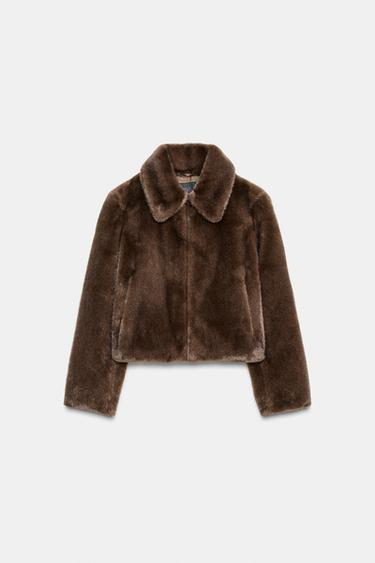 КОРОТКЕ ПАЛЬТО З ЕФЕКТОМ ХУТРА З ҐУДЗИКАМИ-ЗАСТІБКАМИ - Тютюновий Zara - Зображення 0