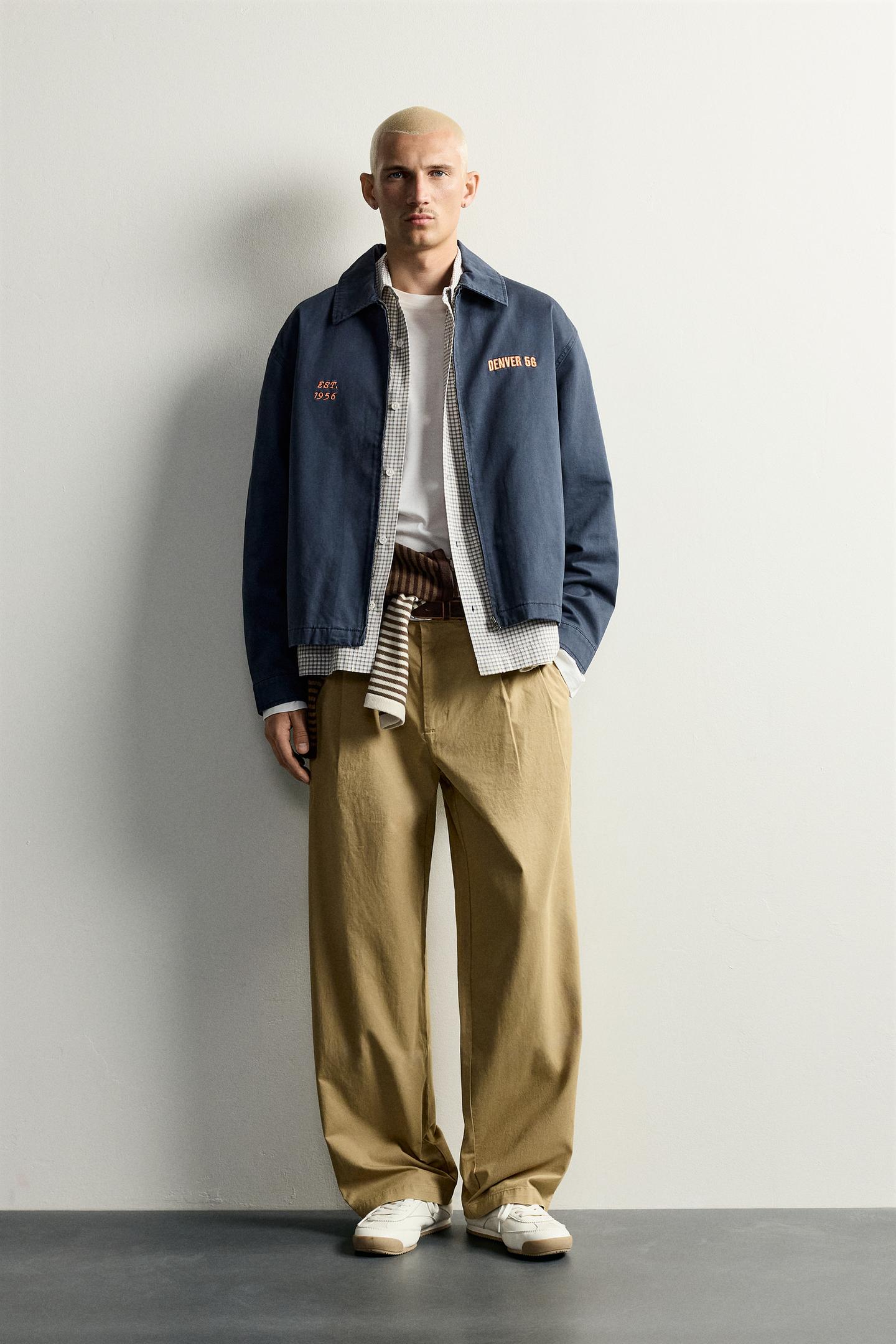 Мужская куртка Zara Relaxed Fit Embroidered Patch, цвет: Синий / Серый