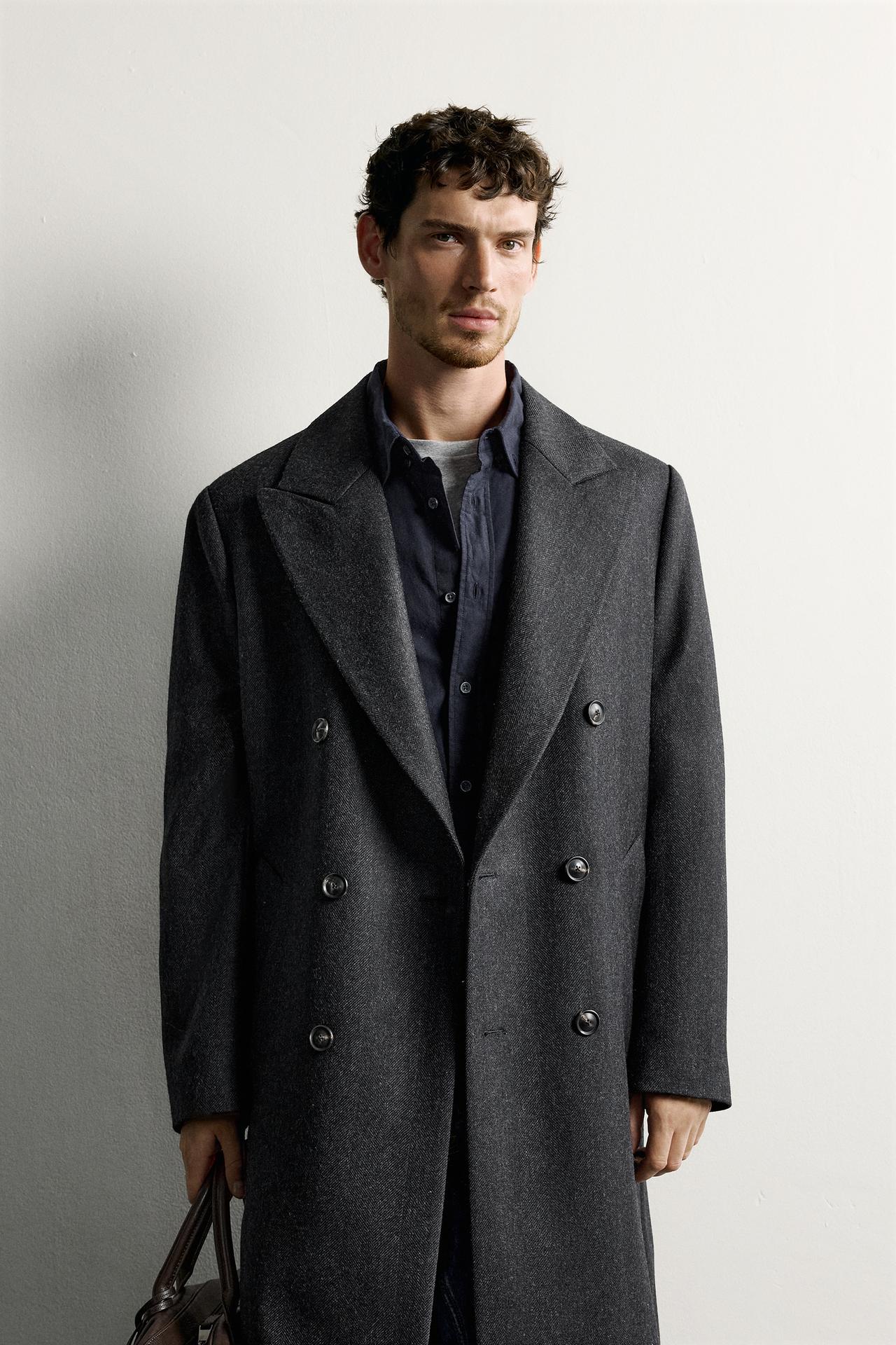 100% WOOL HERRINGBONE DOUBLE-BREASTED COAT — Gray