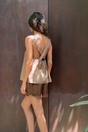 SHORT MINI SATINÉ DENTELLE - Marron foncé de Zara - Image 2