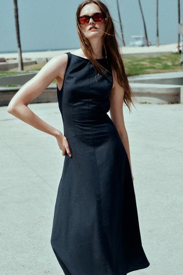 Zara LINEN OPEN BACK MIDI DRESS - Blue