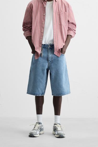 Zara BAGGY FIT DENIM SHORTS - Blue