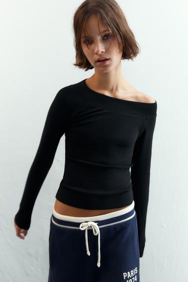 RIBBED BOAT NECK T-SHIRT - Black by Zara