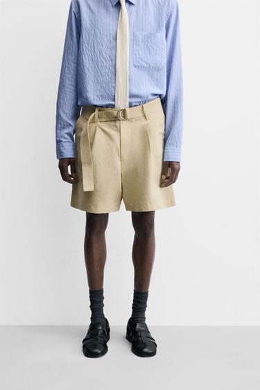 COTTON-LINEN BERMUDA SHORTS WITH BELT - Butter by Zara