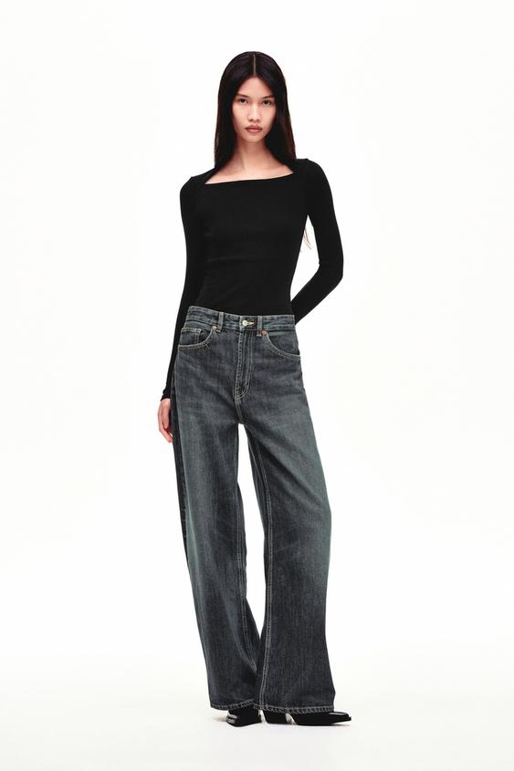 Zara 方領羅紋 T 恤 - 黑色 - 圖片 0