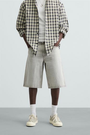 Zara BAGGY FIT DENIM SHORTS - Gray