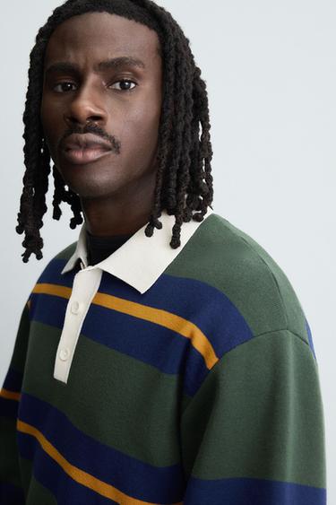 STRIPED KNIT POLO SHIRT WITH CONTRAST COLLAR - Green by Zara
