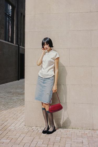 Zara TRF 剪洞牛仔中長裙 - 淡藍色