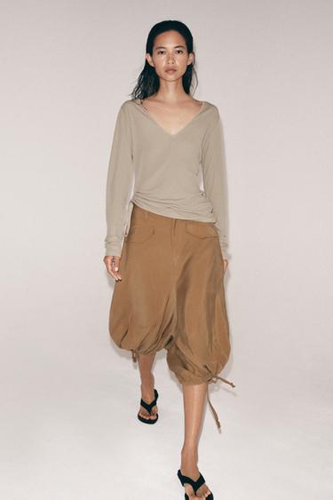 Zara V-NECK T-SHIRT WITH TIES - Brown / Taupe