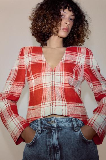 ZW COLLECTION TAILORED CHECK JACKET - White / Red by Zara
