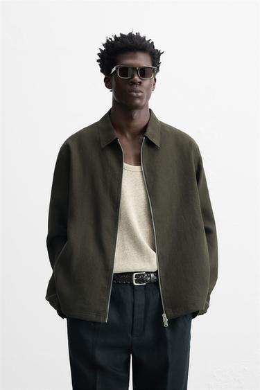 Zaras SKJORTJACKA 100% LINNE - Mörk khaki