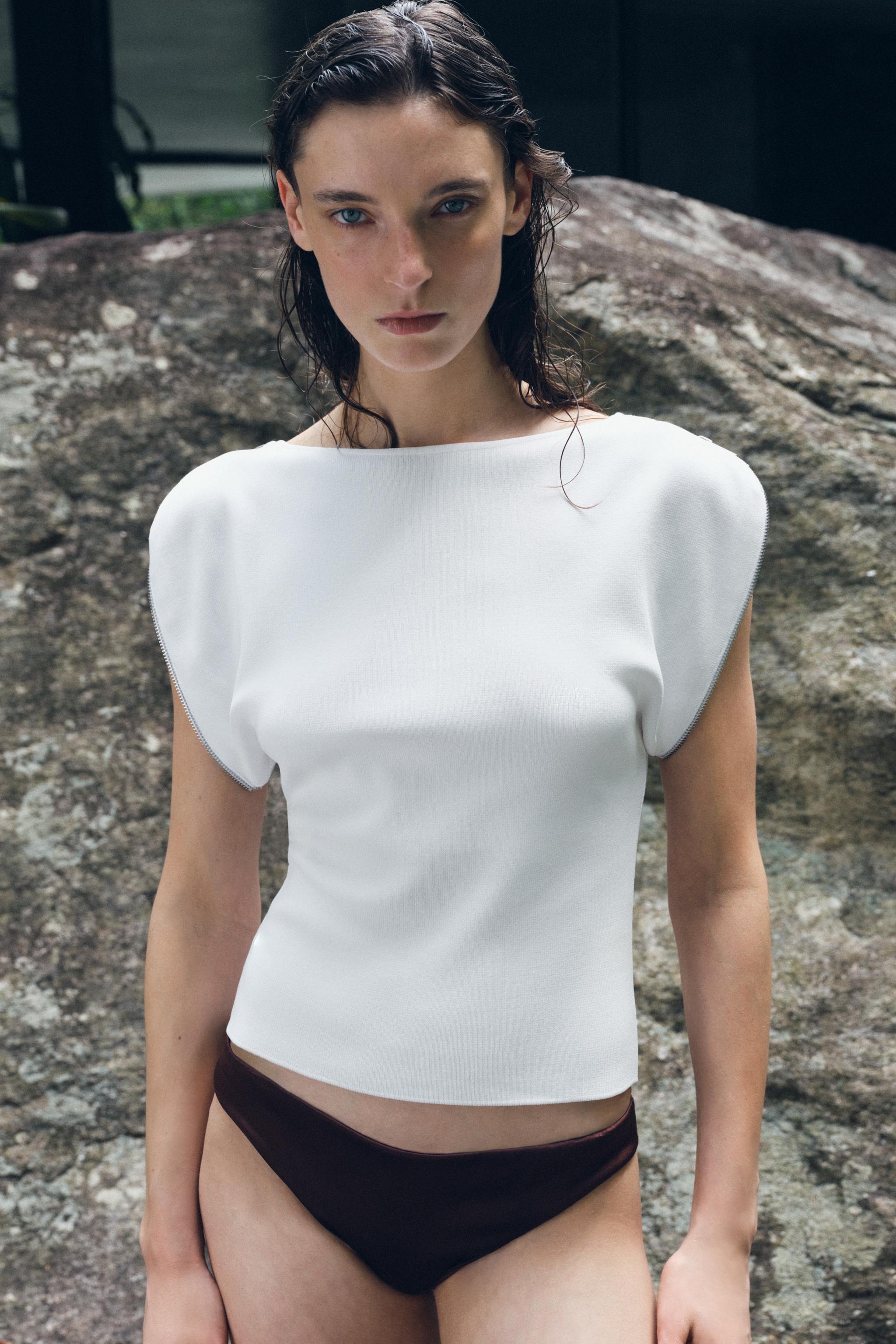 ジッパー付きニットトップス - ホワイト | ZARA Japan / 日本