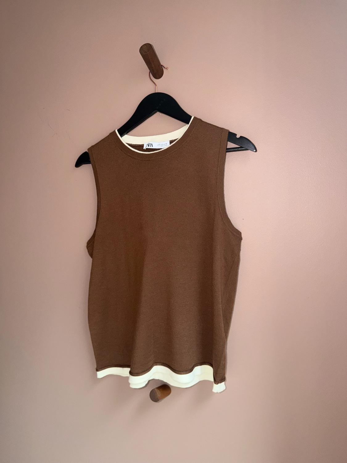 Brown sleeveless top with cream edging, hanging on a black hanger against a pink wall. The label reads ZARA.