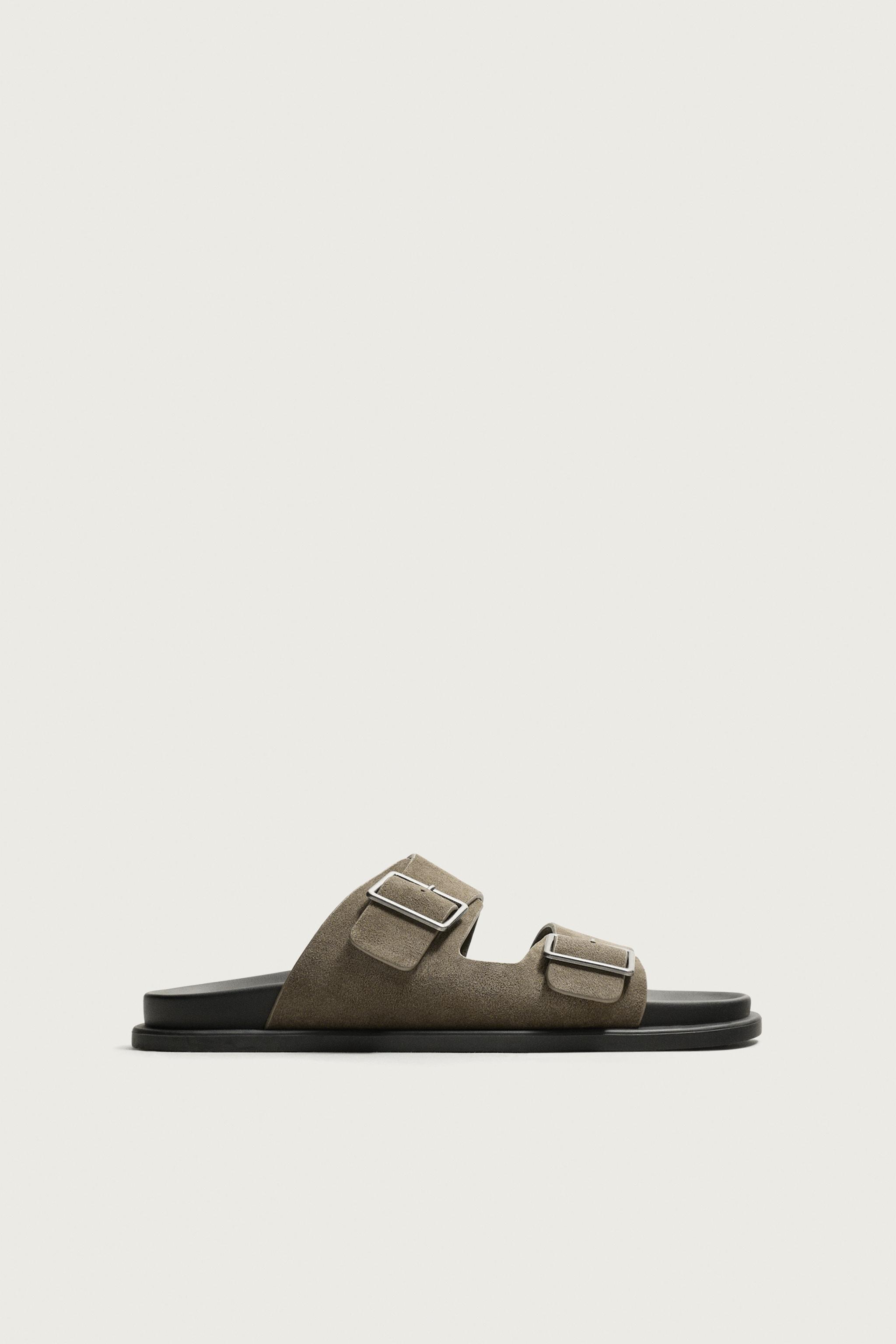 DOUBLE STRAP LEATHER SANDALS — Taupe Gray