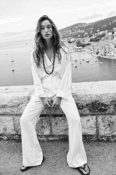 BLOUSE EN LIN À COL POLO - Blanc de Zara