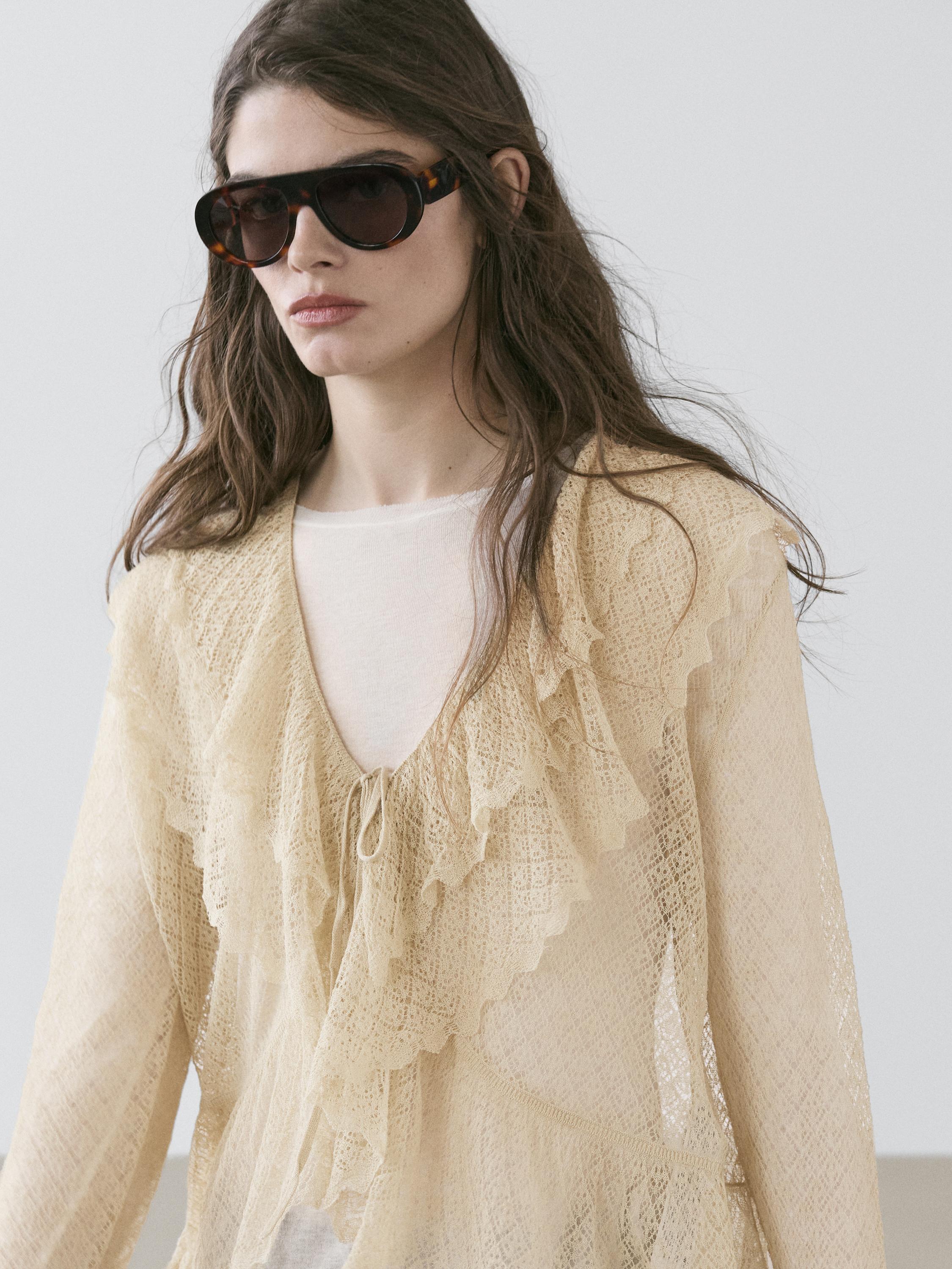 Linen blend cardigan with ruffle details
