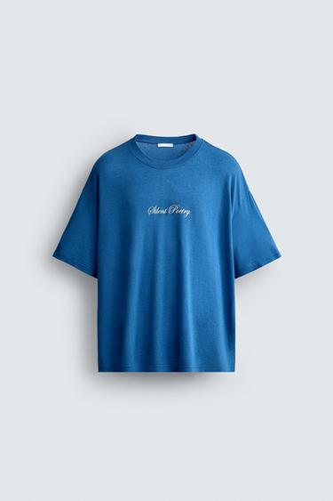 T-SHIRT MIT PRINT AUS LEINENMISCHGEWEBE - Bläulich von Zara