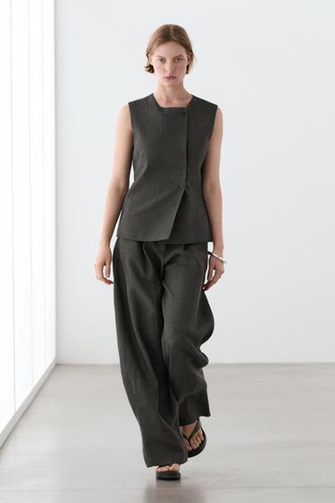 Chaleco melange cruzado botones lino - Verde / Azul de Zara - Imagen 0