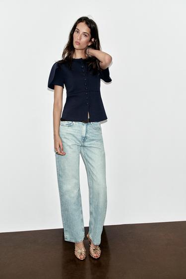 Zara BUTTONED CARDIGAN WITH PUFF SLEEVES - Navy blue - Image 0