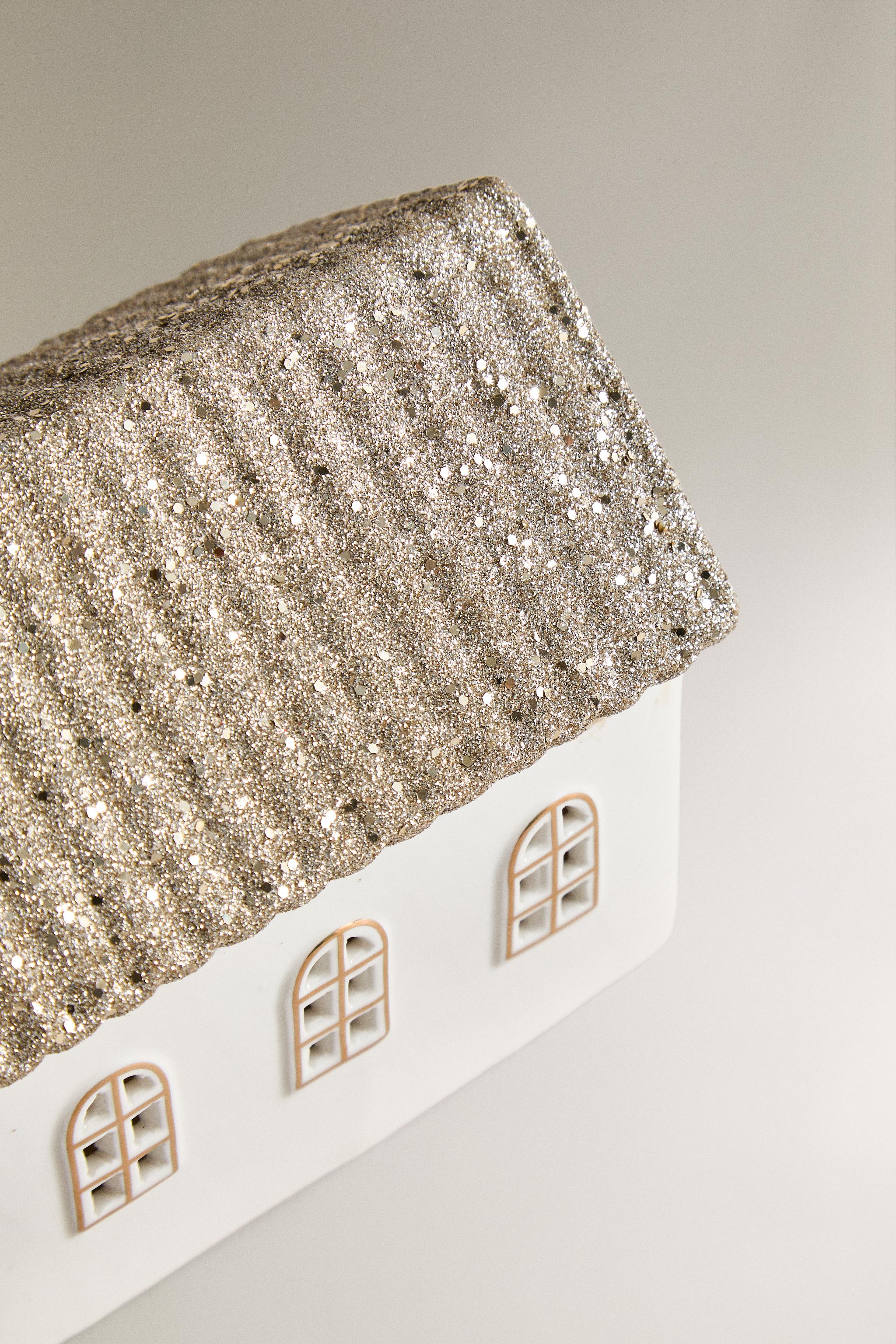 ELONGATED GLITTERY HOUSE CHRISTMAS CERAMIC ORNAMENT