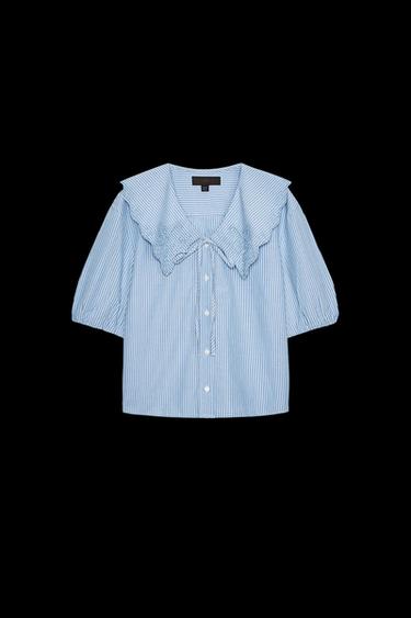 Zara EMBROIDERED STRIPED PETER PAN COLLAR SHIRT - Blue / White - Image 0