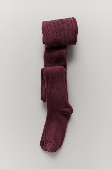 Zara PLAIN RIBBED TIGHTS - Burgundy