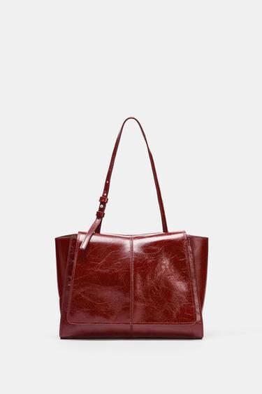 MINI TOTE BAG DE COURO COM BOLSO DUPLO - Vermelho-cereja da Zara