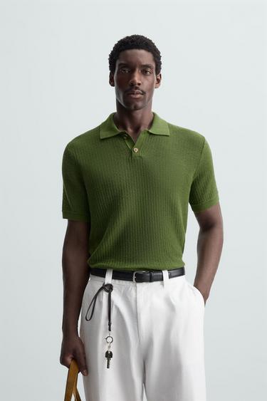 Zara TEXTURED KNIT POLO SHIRT - Green