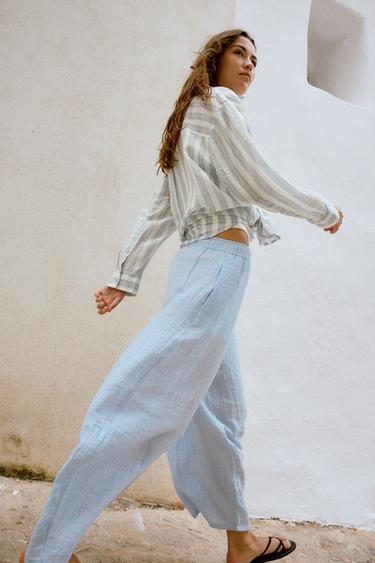 Zara RUSTIC BARREL PANTS - Sky blue