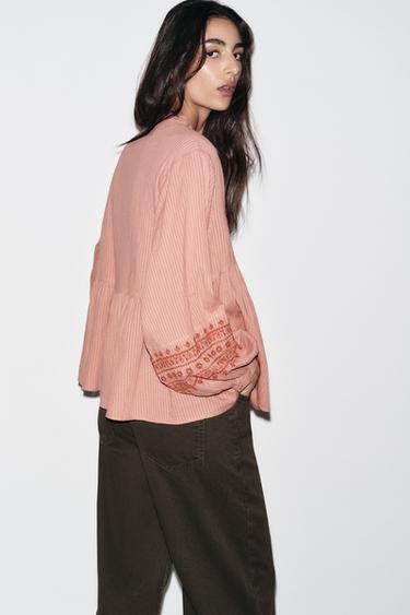 CONTRAST EMBROIDERY BLOUSE - MARSALA by Zara - Image 3