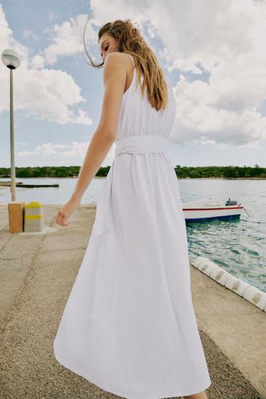 ROBE MI-LONGUE EN POPELINE AVEC CEINTURE - Blanc de Zara - Image 4