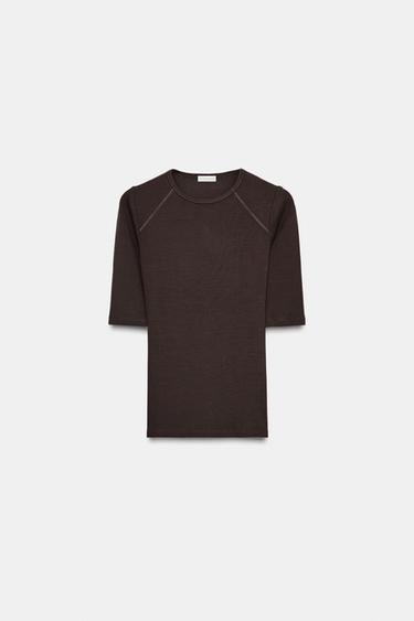 Zara RIBBED T-SHIRT - Brown