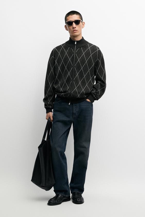 Zara Wool blend argyle knit cardigan - Anthracite Gray - Image 0