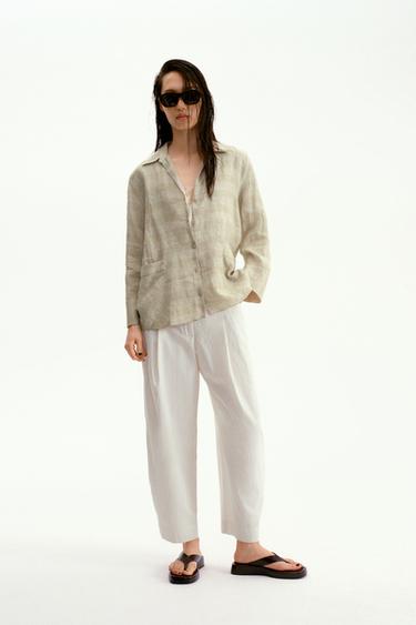 Zara ZW COLLECTION 100%亞麻格紋襯衫 - 綠色