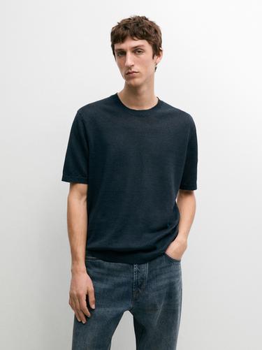 Zara Lightweight 100% linen knit T-shirt - Navy blue