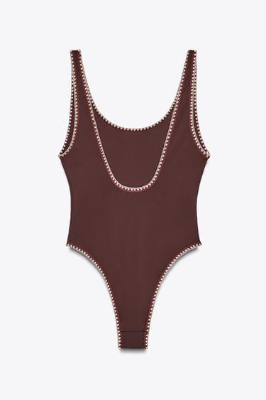 CONTRAST PLAIN SWIMSUIT - Brown by Zara - Image 1