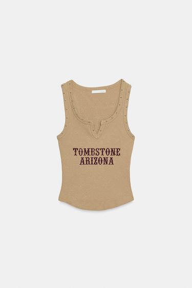 T-SHIRT WITH STUDS AND SLOGAN - Beige by Zara - Image 2