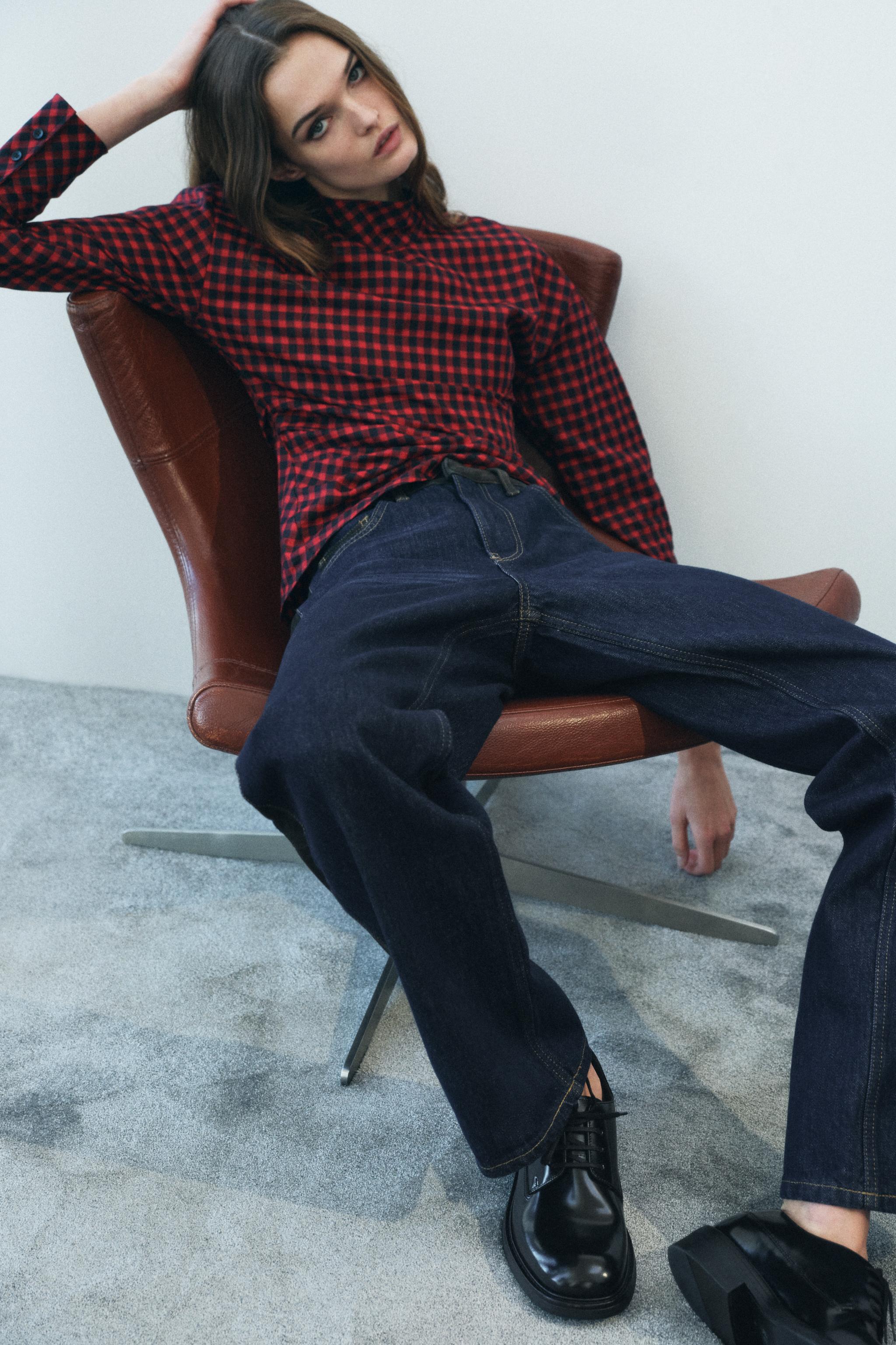 CHECKERED RUCHED BLOUSE ZW COLLECTION - Red / Black | ZARA