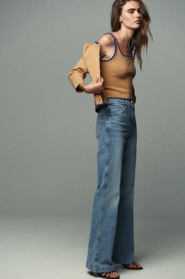 Zara CONTRAST EMBROIDERY KNIT TOP - Mid-camel