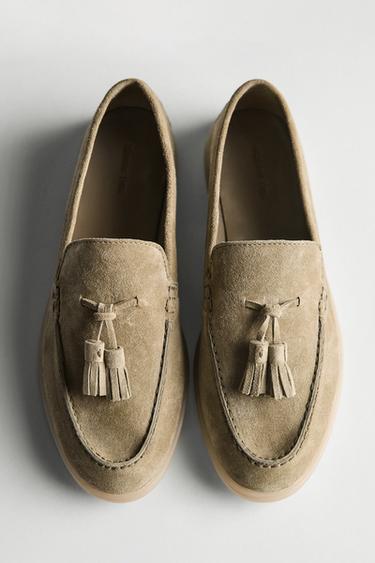 Zara Split leather loafers with tassels - Taupe Gray - Image 0