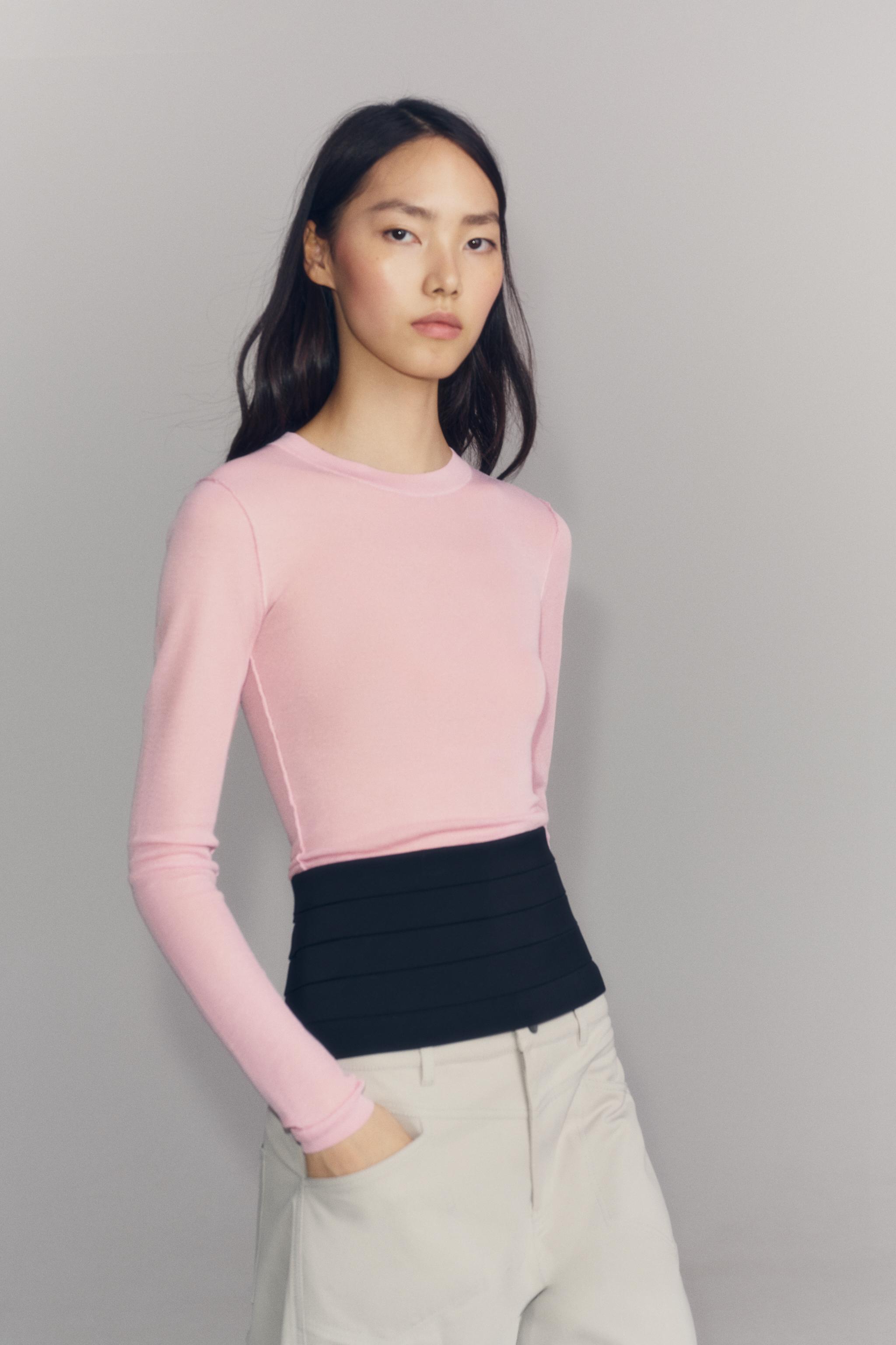 SEMI-SHEER KNIT TOP — Pink