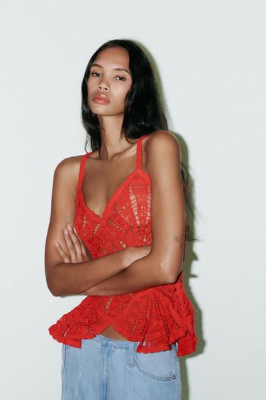 Zara CROCHET PEPLUM TOP - Red