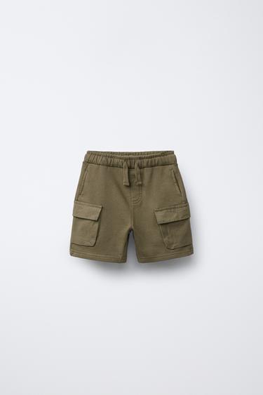 Zara 毛圈布工裝短褲 - 卡其色