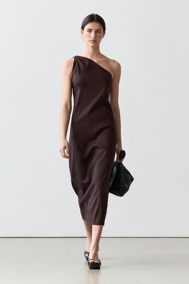 Vestido asimétrico mezcla lino - gris antracita de Zara - Imagen 0