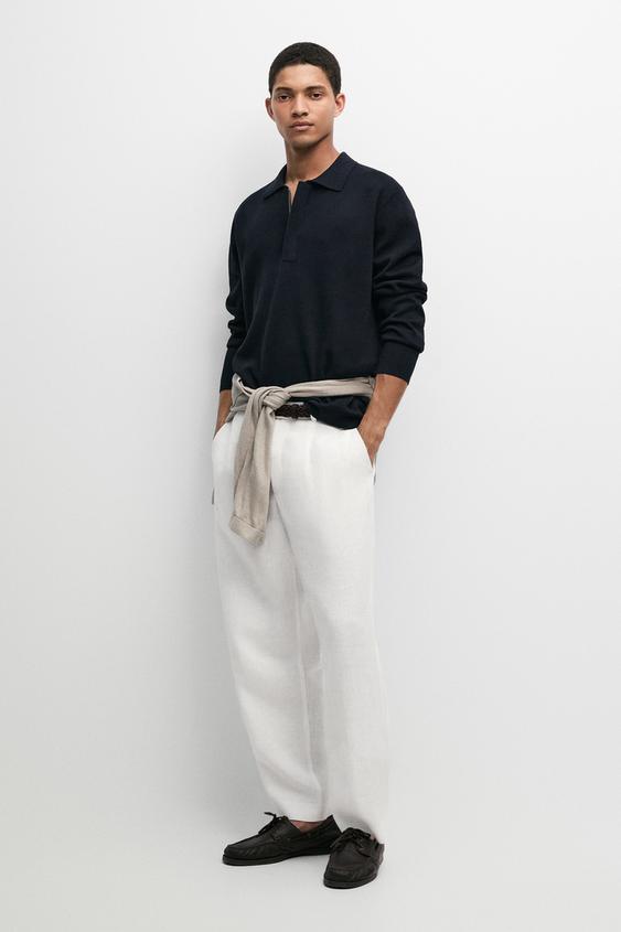 Zara Cotton blend zip-up knit polo sweater - Navy blue - Image 0