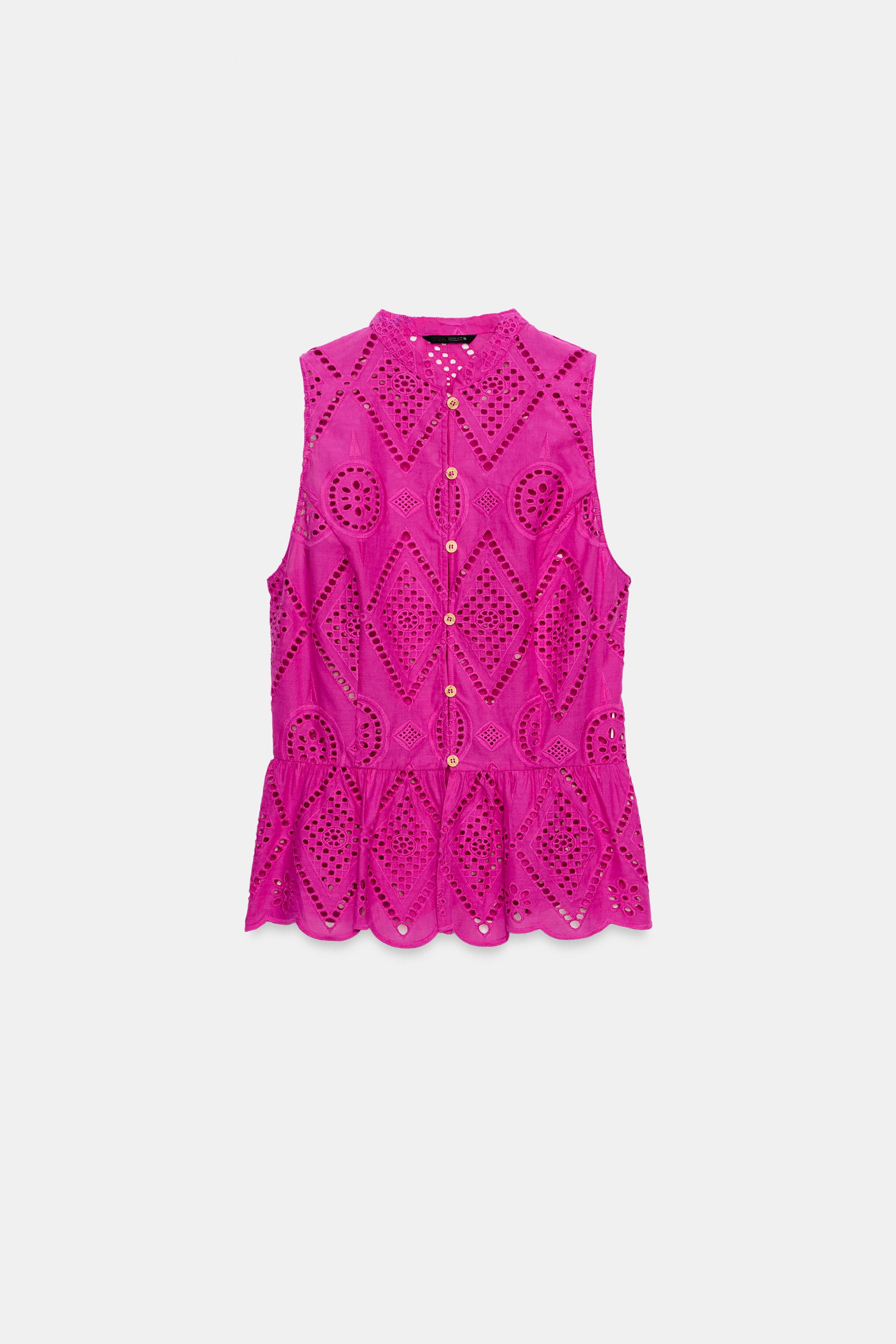 Женские рубашки Zara EMBROIDERED EYELET PEPLUM TOP — фото 5